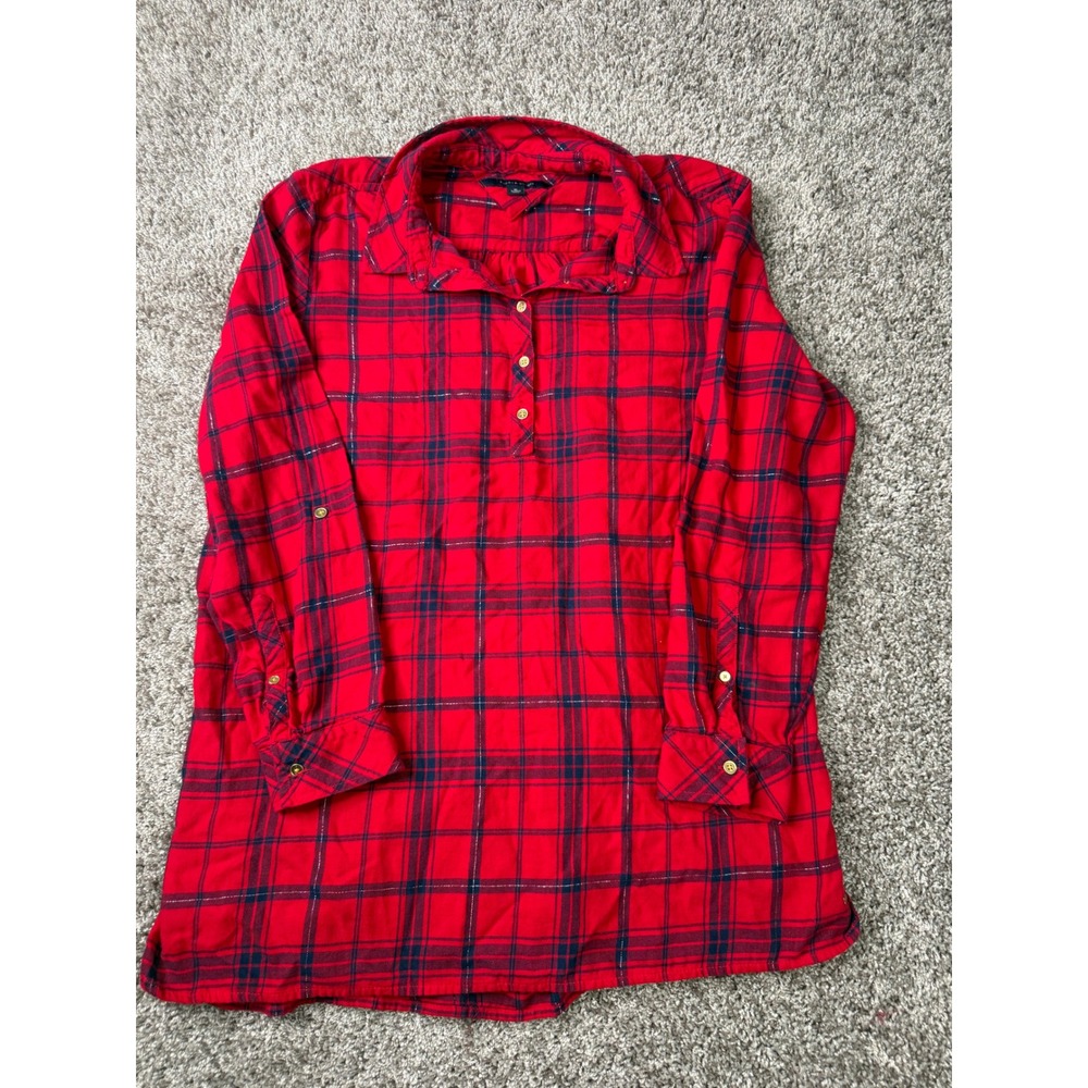 Tommy Hilfiger Red Plaid Popover Flannel Tunic Shirt Women XL